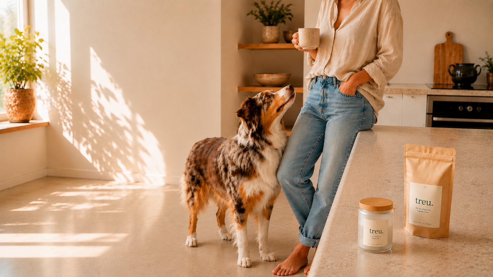 Frau mit Kaffeetasse, Australian Shepherd und treu. Produkten in heller Küche
