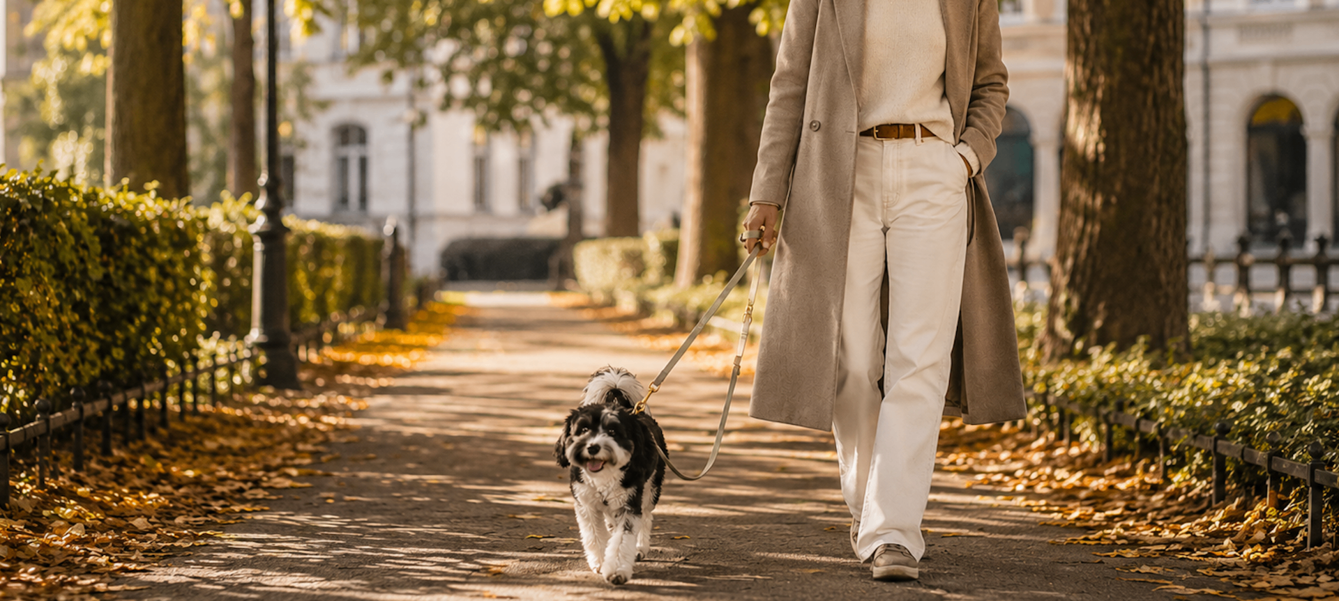 Kleiner Hund auf herbstlichem Spaziergang im Park